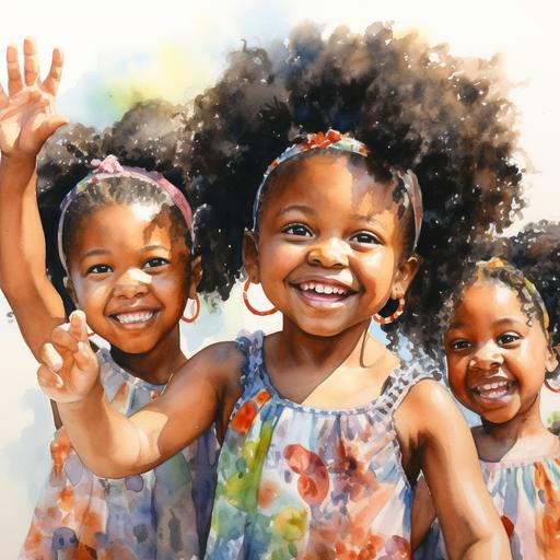 cute black little girls smiling with colorful dresses hands praising in the style of watercolor--293:151
