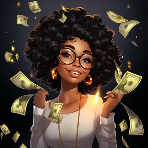cute black woman, profile picture, money whisperer, cartoon black background, youtube channel