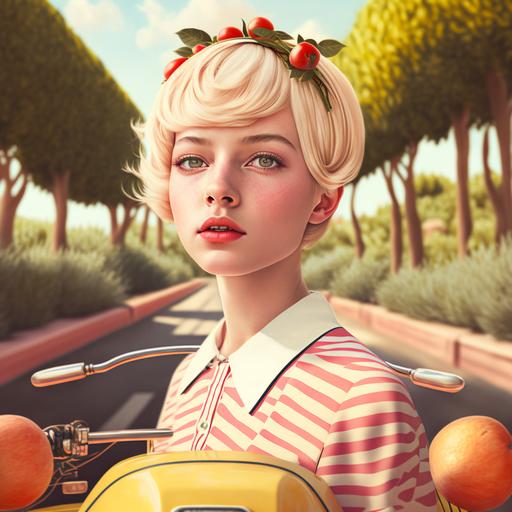 cute blond girl from Finland, short haircut, asymmetrical haircut, large eyes, full red pouted lips, with a striped bow on hair, driving a pink Vespa in Sicily country side, lemon trees, hyper realistic, octane render, intricate details, summer, earth tones, morning light --v 4