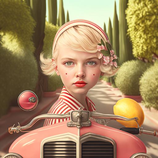 cute blond girl from Finland, short haircut, asymmetrical haircut, large eyes, full red pouted lips, with a striped bow on hair, driving a pink Vespa in Sicily country side, lemon trees, hyper realistic, octane render, intricate details, summer, earth tones, morning light --v 4
