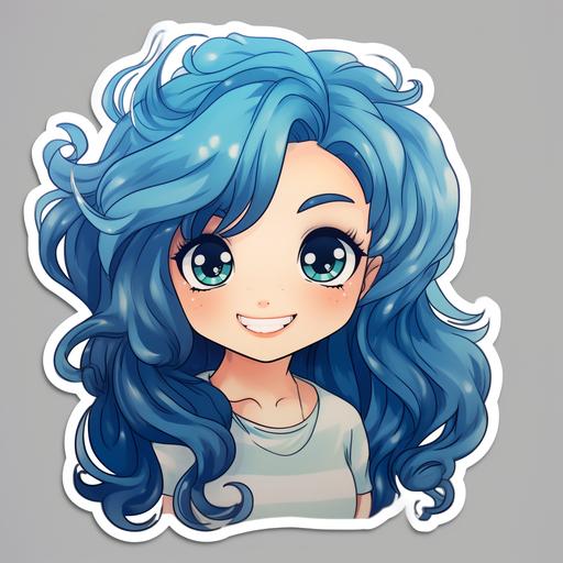 cute blue hair girl sticker, cartoon style