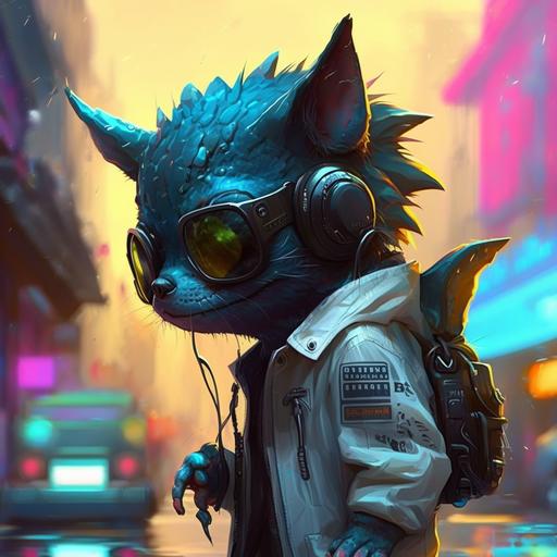 cute blue mini dino wearing white shirt and jaket cyberpunk, wearing headphones with ears cats color neon, black sun glasses,black hair, hyper realistic, 4k, cartoon pop, background city cyberpunk