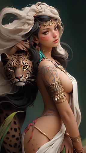 ,cute brazillian female aztec jaguar warrior, Jaguar pelt on head, gold and jade aztec jewelery, aztec jungle, in the style of wylie beckert, in the style of eve ventrue, photography, cartooncore, mangacore, red tanned glistening skin, natural lighting --style expressive --niji 5 --ar 9:16