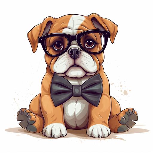 cute bulldog puppy wearing glasses and a bowtie cartoon