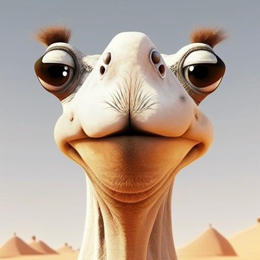 cute but beautiful white beautiful female cartoon camel character with big vulnerable eyes and big lips and a long neck