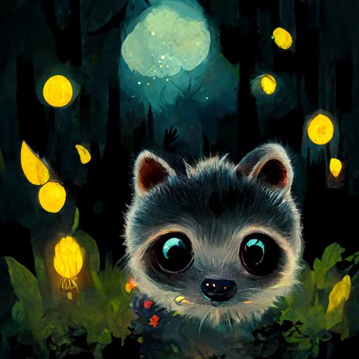 cute but scary raccoon with red eyes, sharp teeth and claws. fantasy forest background with moonlight and fireflies