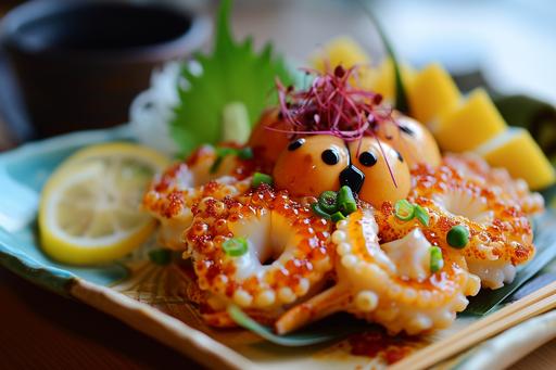 cute calamari. Exotic food photography. Anime faces, bento reductions --ar 3:2 --v 6.0 --style raw