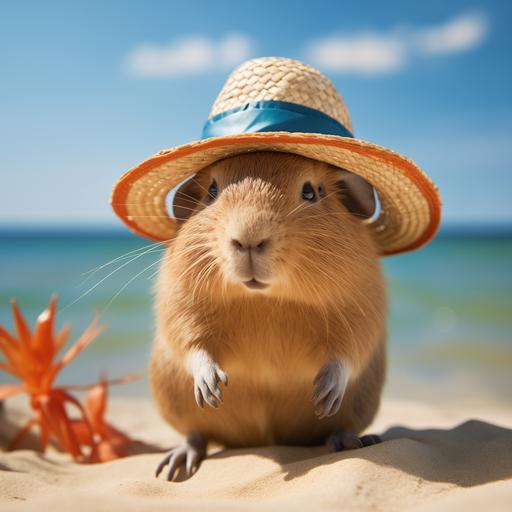 cute capybara beach hat. looking at the screen, full body