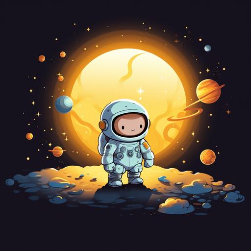 cute cartoon astronaut in cute cartoon space looking at cute cartoon sun