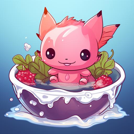 cute cartoon, baby axolotl swimming in a giant bowl of strawberry ice cream. Bright colors, black outline --v 5.2