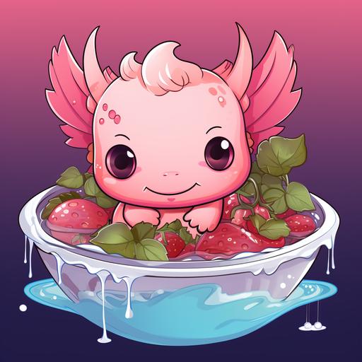 cute cartoon, baby axolotl swimming in a giant bowl of strawberry ice cream. Bright colors, black outline --v 5.2