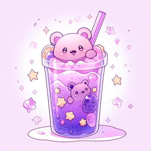 cute cartoon boba tea with bear head, sprinkle, purple pink colour, cute sticker image --niji 5