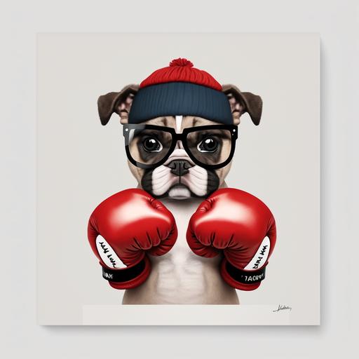 cute cartoon boxing dog with glasses, red gloves, white backgound,