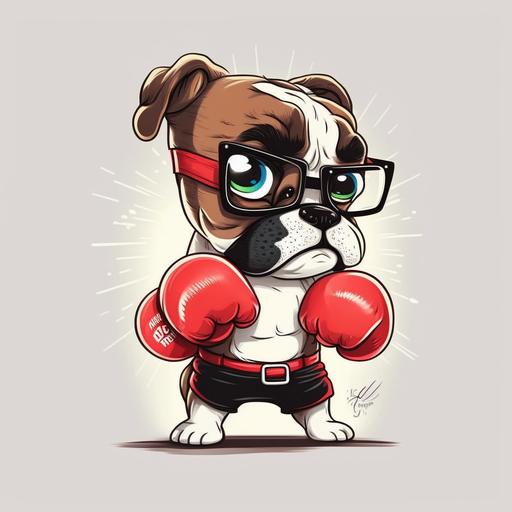cute cartoon boxing dog with glasses, red gloves, white backgound,