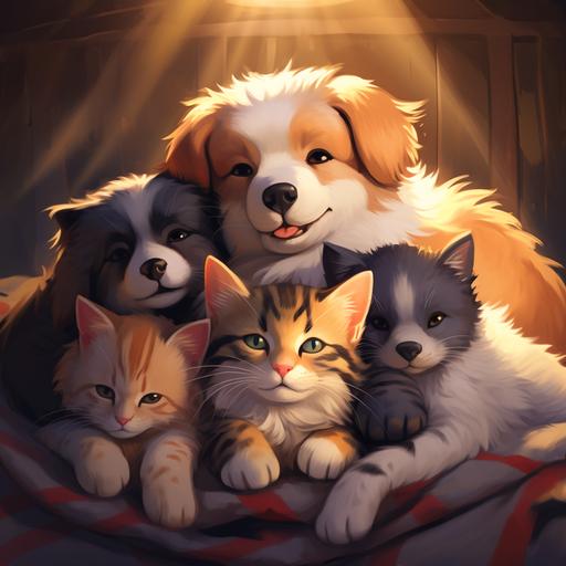 cute cartoon cats and dogs cuddling