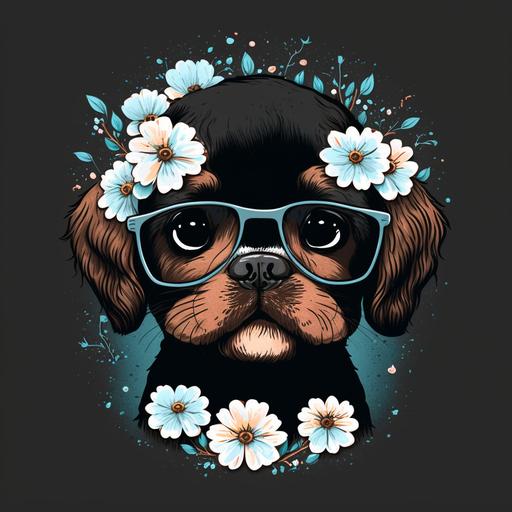 cute cartoon dog face with glasses flower on head