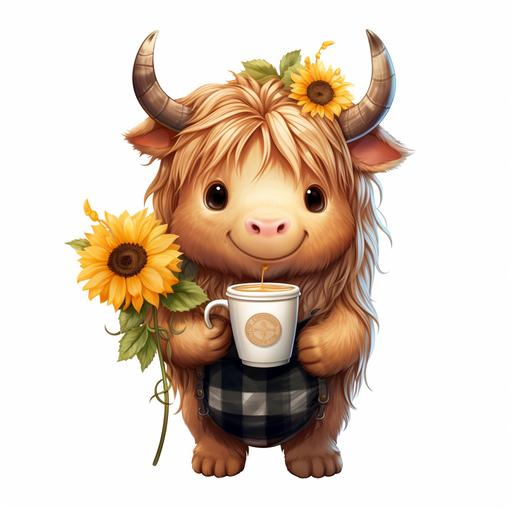 cute cartoon highland cow holding a coffee takeout cup with sunflowers on head white background