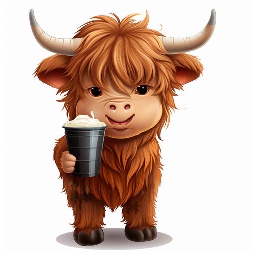 cute cartoon highland cow standing holding a 40 oz tumbler, clipart