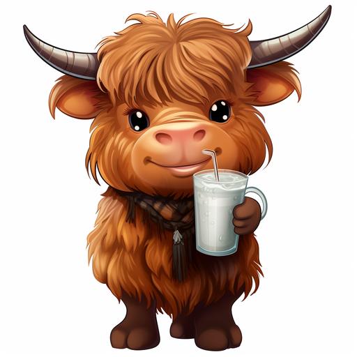 cute cartoon highland cow standing holding a 40 oz tumbler, clipart