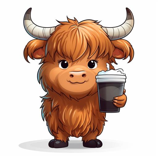 cute cartoon highland cow standing holding a 40 oz tumbler, clipart