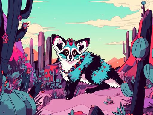 cute cartoon lemur on the desert, in the style of crisp neo-pop illustrations, psychedelic color schemes, petcore, album covers, sublime wilderness, cyan and azure, sharp/prickly --ar 4:3 --niji 5