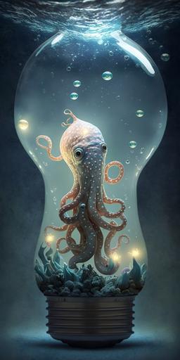 cute cartoon octopus inside light bulb as monster head under infinity ♾️ water, cartoon fairytale painting --v 4 --ar 1:2