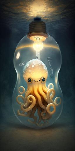 cute cartoon octopus inside light bulb as monster head under infinity ♾️ water, cartoon fairytale painting --v 4 --ar 1:2