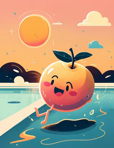 cute cartoon of a peach diving into a swimming pool at sunset --ar 4:5
