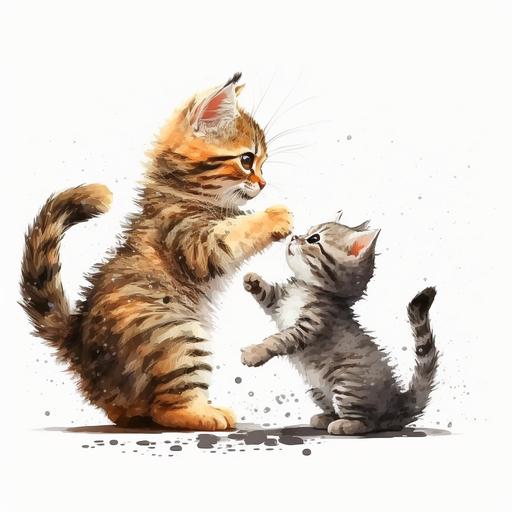 cute cartoon playful baby tabby cat playing with her mother , in the style of realistic portraitures, cartoon-like characters in the style of Alexei Savrasov, in white background