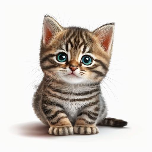 cute cartoon playful baby tabby cat with happy eyes , in the style of realistic portraitures, cartoon-like characters in the style of Alexei Savrasov, in white background