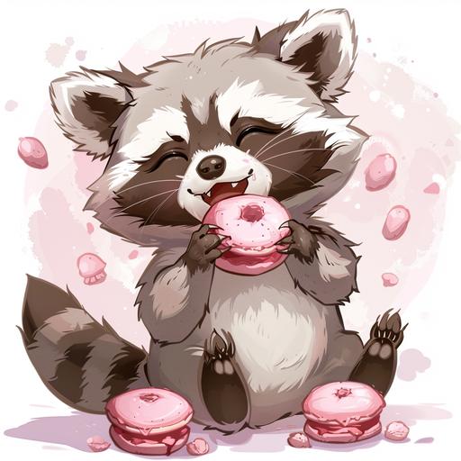 cute cartoon raccoon who is eating the cutest pink pastries and is happy and blushing kawaii