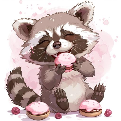 cute cartoon raccoon who is eating the cutest pink pastries and is happy and blushing kawaii