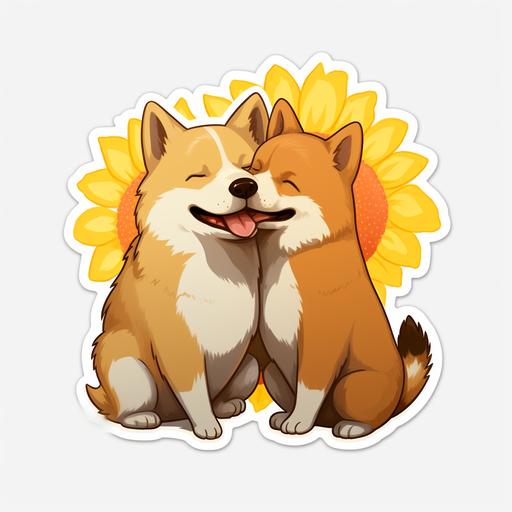 cute cartoon shiba inu kissing sunflower sticker