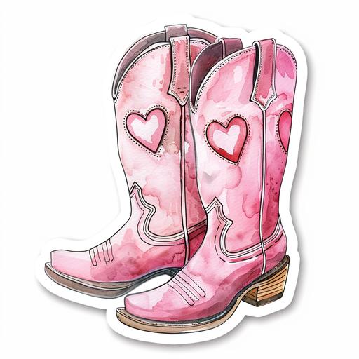 cute cartoon style watercolor sticker style of pink cowboy boots with heart stitching detail in the boot sticker