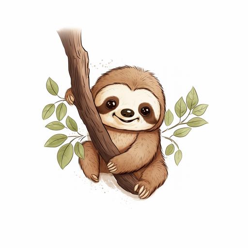 cute cartoon young sloth hanging from a tree. Simple drawing with pastel colours, white background, line drawing