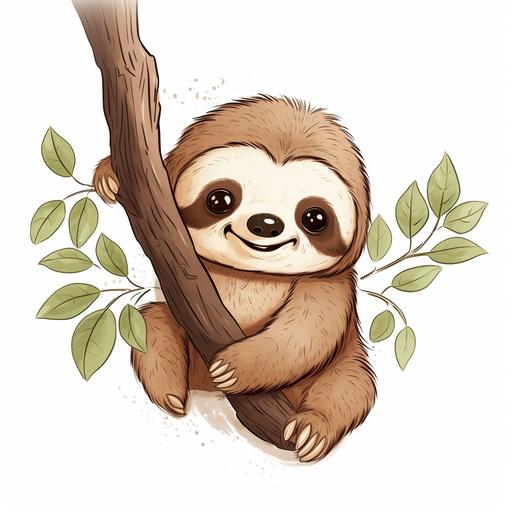 cute cartoon young sloth hanging from a tree. Simple drawing with pastel colours, white background, line drawing