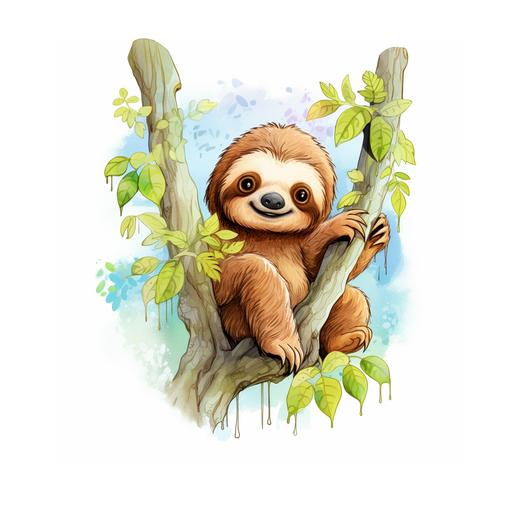 cute cartoon young sloth hanging peacefully from tree sketched in crayons and in light colours, with a background of a jungle , white background