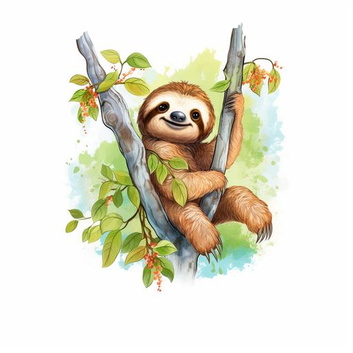 cute cartoon young sloth hanging peacefully from tree sketched in crayons and in light colours, with a background of a jungle , white background