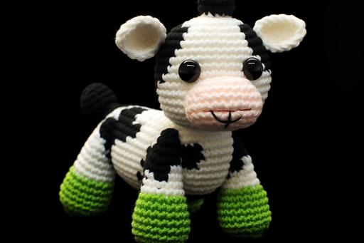 cute cartoonish cow teddy pattern, crochet, standing in the grass, in the style of black-and-white, three-dimensional puzzles, pastoral scenes, creative commons attribution, dark beige and dark azure, eye-catching, light green and dark black --ar 3:2