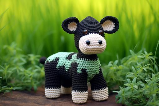 cute cartoonish cow teddy pattern, crochet, standing in the grass, in the style of black-and-white, three-dimensional puzzles, pastoral scenes, creative commons attribution, dark beige and dark azure, eye-catching, light green and dark black --ar 3:2