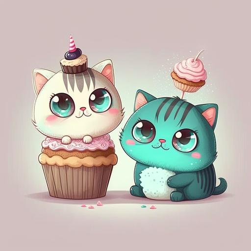 cute cartoons couple of cats with big and beautifull eyes eating a cupcake together