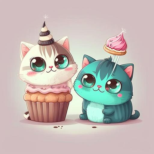 cute cartoons couple of cats with big and beautifull eyes eating a cupcake together
