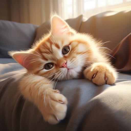 cute cat gently scratching sofa photorealistic