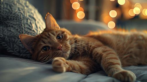cute cat lies on couch beautiful lights ultra realistic, full hd, detailed --ar 16:9 --v 6.0