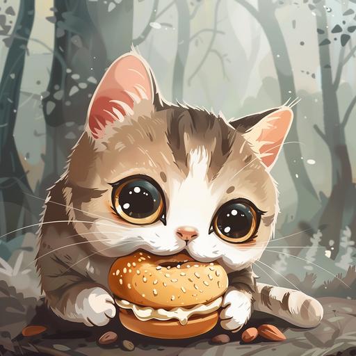 cute cat pesters a cartoon sweet bun with cartoon face casual style colorized in magic forest background