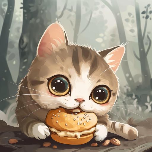 cute cat pesters a cartoon sweet bun with cartoon face casual style colorized in magic forest background