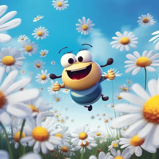 cute character, bee, flying around daisys, blues sky, happy day