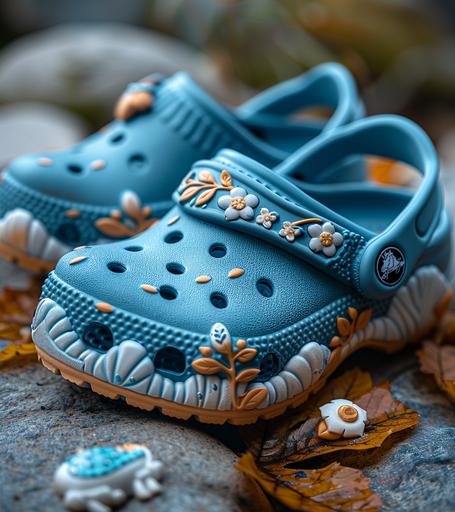 cute chibi baby blue dragon charms on a child's crocs shoes, hyper detail --ar 8:9 --s 750 --style raw --v 6.0