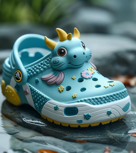 cute chibi baby blue dragon charms on a child's crocs shoes, hyper detail --ar 8:9 --s 750 --style raw --v 6.0