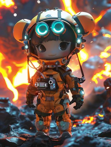 cute chibi character design in the style of Unreal Engine 5, of an Indonesian volcano kelimutu adventurer, in an orange and yellow futuristic fire suit with glowing goggles, large round ears, full body shot, standing in front of a lava background, showing a welcoming friendly gesture. with high resolution, high detail, and high quality. White and turquoise outlining backlighting, Disneypunk --ar 3:4 --v 6.0 --style raw